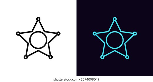 Outline police star icon, with editable stroke. Sheriff badge, police department and officer sign, law star. Wanted star, game pursuit and chasing. Gaming cowboy western, Wild West. Vector icon