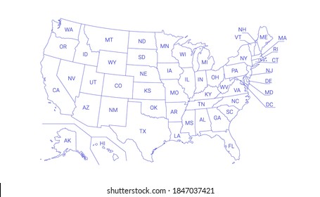 Outline Political US Map with titles of the states. All USA regions are separated and named in a layer panel