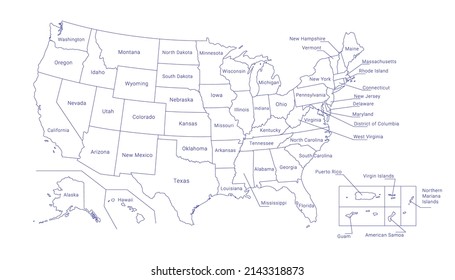 Outline Political US Map with titles of the states. All USA regions are separated and named in a layer panel