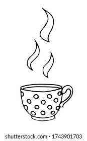 Outline Polka dot Cup. Mug with steam from a hot drink. Hand drawn simple kitchen supplies. Vector illustration isolated on white background