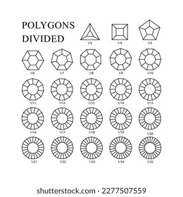 Outline Polygons divided into equal segments from 3 to 25 parts isolated on the white background. Vector.