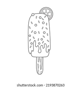 Outline popsicle on a stick with a slice of citrus, glaze and sprinkles. Dairy cold dessert. Seasonal sweet food. Black and white doodle hand drawn Vector illustration isolated on white.