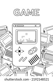 Outline portable classic console game pad. Old Game Retro. Handheld game. flat design Cartoon concept. Vector, illustration. outline stroke. Thin line.