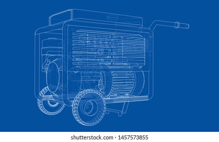 Outline portable gasoline generator vector. Wire-frame style. The layers of visible and invisible lines. 3D illustration