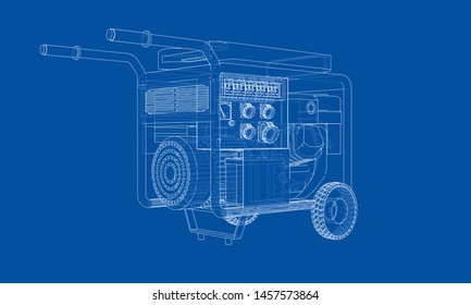Outline portable gasoline generator vector. Wire-frame style. The layers of visible and invisible lines. 3D illustration