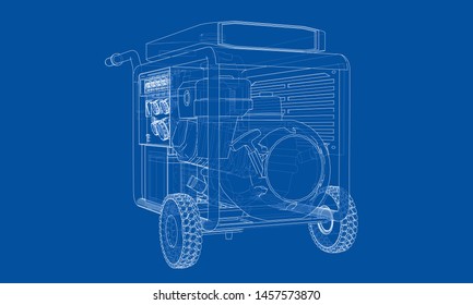 Outline portable gasoline generator vector. Wire-frame style. The layers of visible and invisible lines. 3D illustration