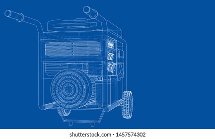 Outline portable gasoline generator vector. Wire-frame style. The layers of visible and invisible lines. 3D illustration