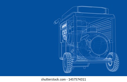 Outline portable gasoline generator vector. Wire-frame style. The layers of visible and invisible lines. 3D illustration