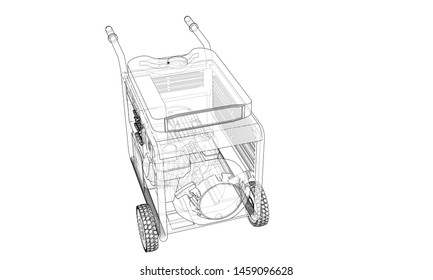 Outline portable gasoline generator vector. Wire-frame style. The layers of visible and invisible lines. 3D illustration