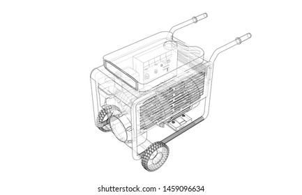 Outline portable gasoline generator vector. Wire-frame style. The layers of visible and invisible lines. 3D illustration