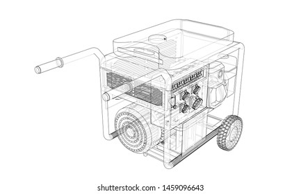 Outline portable gasoline generator vector. Wire-frame style. The layers of visible and invisible lines. 3D illustration