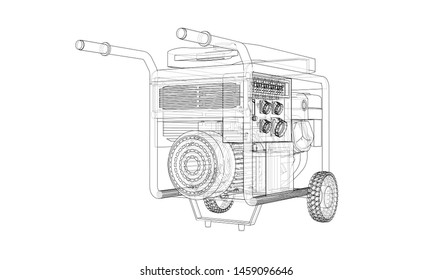 Outline portable gasoline generator vector. Wire-frame style. The layers of visible and invisible lines. 3D illustration