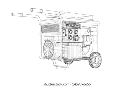 Outline portable gasoline generator vector. Wire-frame style. The layers of visible and invisible lines. 3D illustration