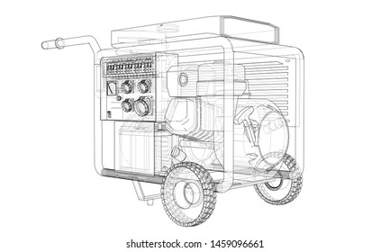 Outline portable gasoline generator vector. Wire-frame style. The layers of visible and invisible lines. 3D illustration