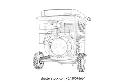 Outline portable gasoline generator vector. Wire-frame style. The layers of visible and invisible lines. 3D illustration