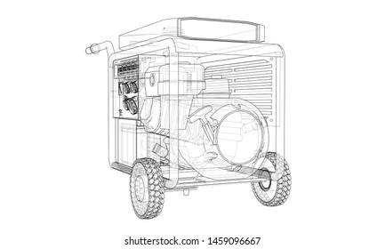 Outline portable gasoline generator vector. Wire-frame style. The layers of visible and invisible lines. 3D illustration