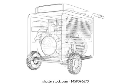 Outline portable gasoline generator vector. Wire-frame style. The layers of visible and invisible lines. 3D illustration