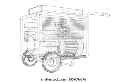 Outline portable gasoline generator vector. Wire-frame style. The layers of visible and invisible lines. 3D illustration