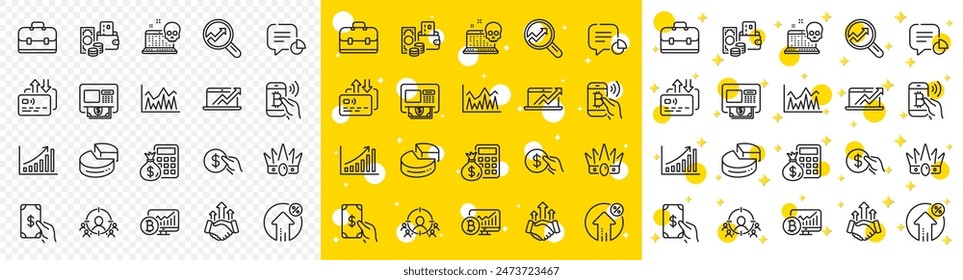 Outline Portfolio, Investment and Graph chart line icons pack for web with Finance calculator, Analytics, Receive money line icon. Statistic, Deal, Sales diagram pictogram icon. Card. Vector