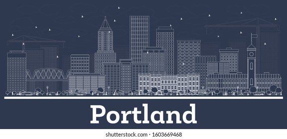 Outline Portland Oregon City Skyline with White Buildings. Vector Illustration. Business Travel and Concept with Modern Architecture. Portland USA Cityscape with Landmarks.