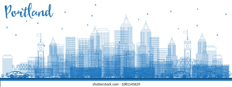 Outline Portland USA Skyline with Blue Buildings. Vector Illustration. Business Travel and Tourism Concept with Modern Architecture. Portland Cityscape with Landmarks.