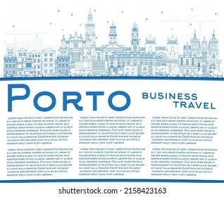 Outline Porto Portugal City Skyline with Blue Buildings and Copy Space. Vector Illustration. Porto Cityscape with Landmarks. Business Travel and Tourism Concept with Historic Architecture.