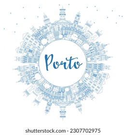 Outline Porto Portugal City Skyline with Blue Buildings and Copy Space. Vector Illustration. Porto Cityscape with Landmarks. Business Travel and Tourism Concept with Historic Architecture.