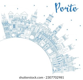 Outline Porto Portugal City Skyline with Blue Buildings and Copy Space. Vector Illustration. Porto Cityscape with Landmarks. Business Travel and Tourism Concept with Historic Architecture.