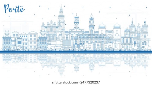 Contorno Porto Portugal City Skyline con edificios azules y reflejos. Ilustración vectorial. Paisaje urbano de Porto con Lugares famosos. Concepto de viajes de negocios y turismo con arquitectura histórica.