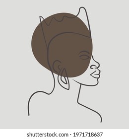 Outline portrait of beautiful African tribal woman, Black Queen. Vector illustration in simple modern style.