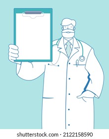 Outline portrait of smiling young male doctor holding clipboard with empty paper for your text.
