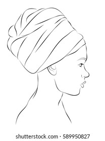 Outline portrait of woman in turban. Vector illustration