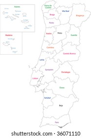 Outline Portugal map with regions and main cities