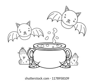 outline pot cauldron object with bats flying