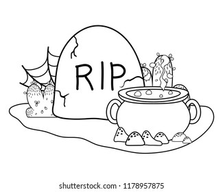 outline pot cauldron with rip stone and spiderweb