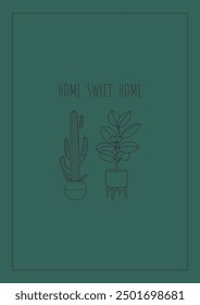 Outline potted plants on a new home greeting card with a green background. House plants in flower pots housewarming invitation. Indoor home plants in doodle line art style. Linear vector illustration.