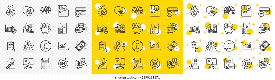 Outline Pound money, Bitcoin coin and Clipboard line icons pack for web with Bankrupt, Euro money, Mortgage line icon. Euler diagram, Calendar tax, Fuel price pictogram icon. Hot loan. Vector