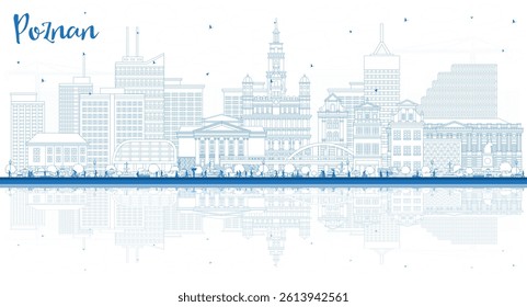 Outline Poznan Poland City Skyline with Blue Buildings and reflections. Vector Illustration. Poznan Cityscape with Landmarks. Business Travel and Tourism Concept with Historic Architecture.