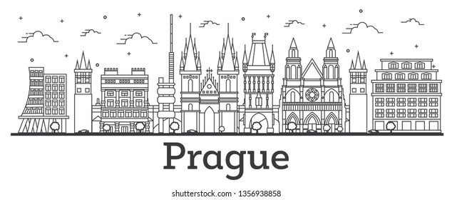 Outline Prague Czech Republic City Skyline with Historic Buildings Isolated on White. Vector Illustration. Prague Cityscape with Landmarks.