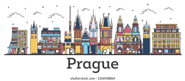 Outline Prague Czech Republic City Skyline with Color Buildings Isolated on White. Vector Illustration. Prague Cityscape with Landmarks.