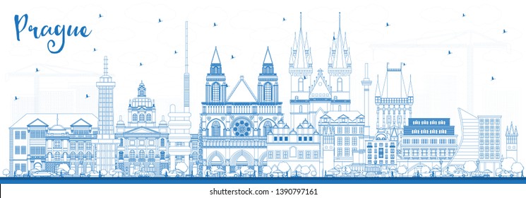 Outline Prague Czech Republic City Skyline with Blue Buildings. Vector Illustration. Business Travel and Tourism Concept with Historic Architecture. Prague Cityscape with Landmarks. 