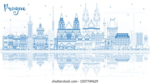 Esbozar el horizonte de Praga República Checa con edificios azules y reflexiones. Ilustración vectorial. Concepto de viajes de negocios y turismo con arquitectura histórica. El paisaje urbano de Praga con monumentos. 