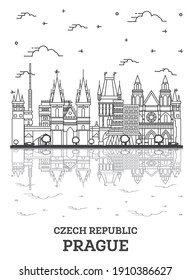 Outline Prague Czech Republic City Skyline with Historic Buildings and Reflections Isolated on White. Vector Illustration. Prague Cityscape with Landmarks.