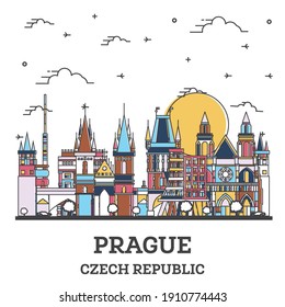 Outline Prague Czech Republic City Skyline with Colored Historic Buildings Isolated on White. Vector Illustration. Prague Cityscape with Landmarks.