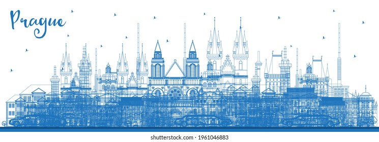 Outline Prague Czech Republic City Skyline with Blue Buildings. Vector Illustration. Business Travel and Tourism Concept with Historic Architecture. Prague Cityscape with Landmarks. 