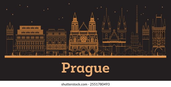 Contorno de la ciudad de Praga República Checa con edificios naranjas. Ilustración vectorial. Viajes de negocios y concepto con arquitectura moderna. Paisaje urbano de Praga con Lugares famosos.