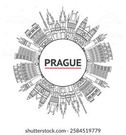 Outline Prague Czech Republic City Skyline with Historic Buildings and copy space Isolated on White. Vector Illustration. Prague Cityscape with Landmarks.