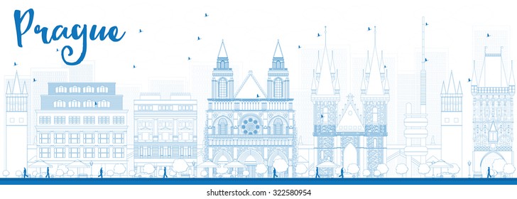 Outline Prague skyline with blue landmarks. Vector illustration. Business and tourism concept with old buildings. Image for presentation, banner, placard or web site