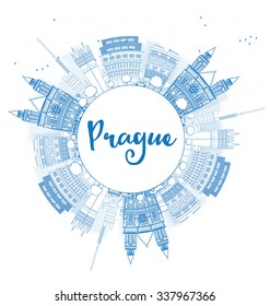 Outline Prague skyline with blue landmarks and copy space. Vector illustration. Business and tourism concept with old buildings. Image for presentation, banner, placard or web site