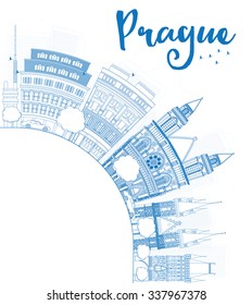 Outline Prague skyline with blue landmarks and copy space. Vector illustration. Business and tourism concept with old buildings. Image for presentation, banner, placard or web site